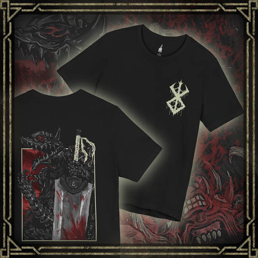 Thumbnail of a T-shirt featuring the Beast of Darkness from Berserk, the monstrous manifestation of Guts’ rage, grief, and trauma. Shaped like a demonic wolf cloaked in shadow, the Beast whispers bloodlust into Guts’ mind, urging him toward destruction. This design captures its feral snarl and glowing eyes—a haunting symbol of inner torment and the fight to retain humanity.