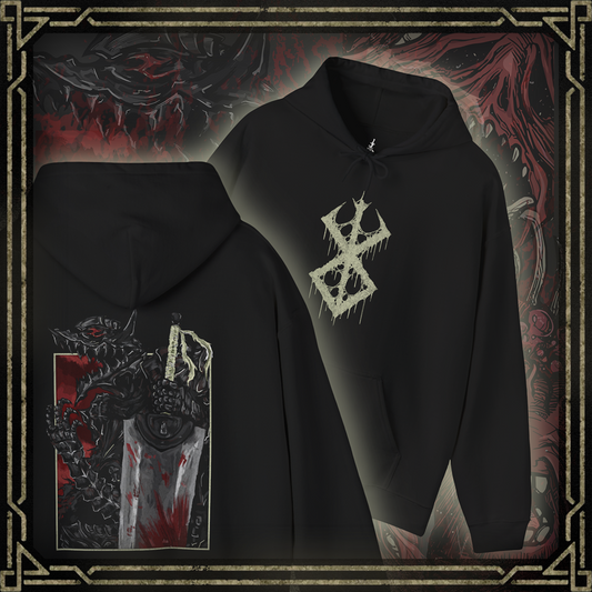 Thumbnail of a Hooded Sweatshirt showcasing the Beast of Darkness from Berserk, the monstrous force rooted deep in Guts’ soul. Erupting from within when he dons the Berserker Armor, this feral creature fuels his thirst for vengeance and threatens to consume his sanity. Cloaked in darkness and driven by pain, the Beast stands as a terrifying symbol of trauma, rage, and the inner demons Guts constantly battles on his brutal journey.