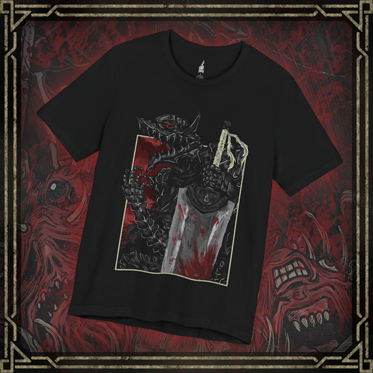 Thumbnail of a T-shirt featuring Guts and the Beast of Darkness from Berserk, the haunting manifestation of his inner rage and despair. This shadowy, wolf-like entity lurks within the Berserker Armor, whispering to Guts in moments of bloodlust and pain. With glowing red eyes and savage fangs, the Beast represents the fine line Guts walks between humanity and monster, making this design a chilling tribute to his psychological torment.