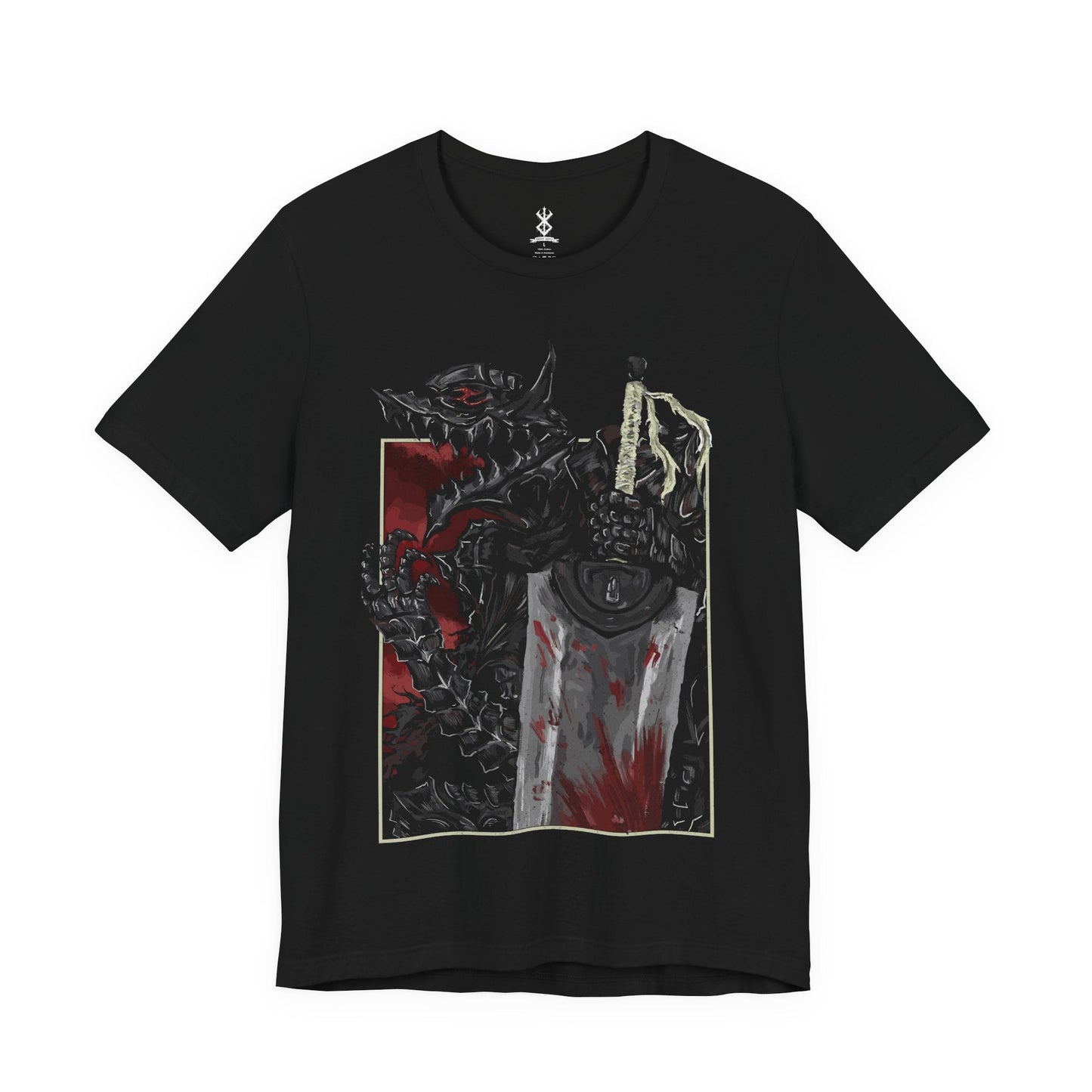 Image 4 of a T-shirt featuring Guts and the Beast of Darkness from Berserk, the haunting manifestation of his inner rage and despair. This shadowy, wolf-like entity lurks within the Berserker Armor, whispering to Guts in moments of bloodlust and pain. With glowing red eyes and savage fangs, the Beast represents the fine line Guts walks between humanity and monster, making this design a chilling tribute to his psychological torment.