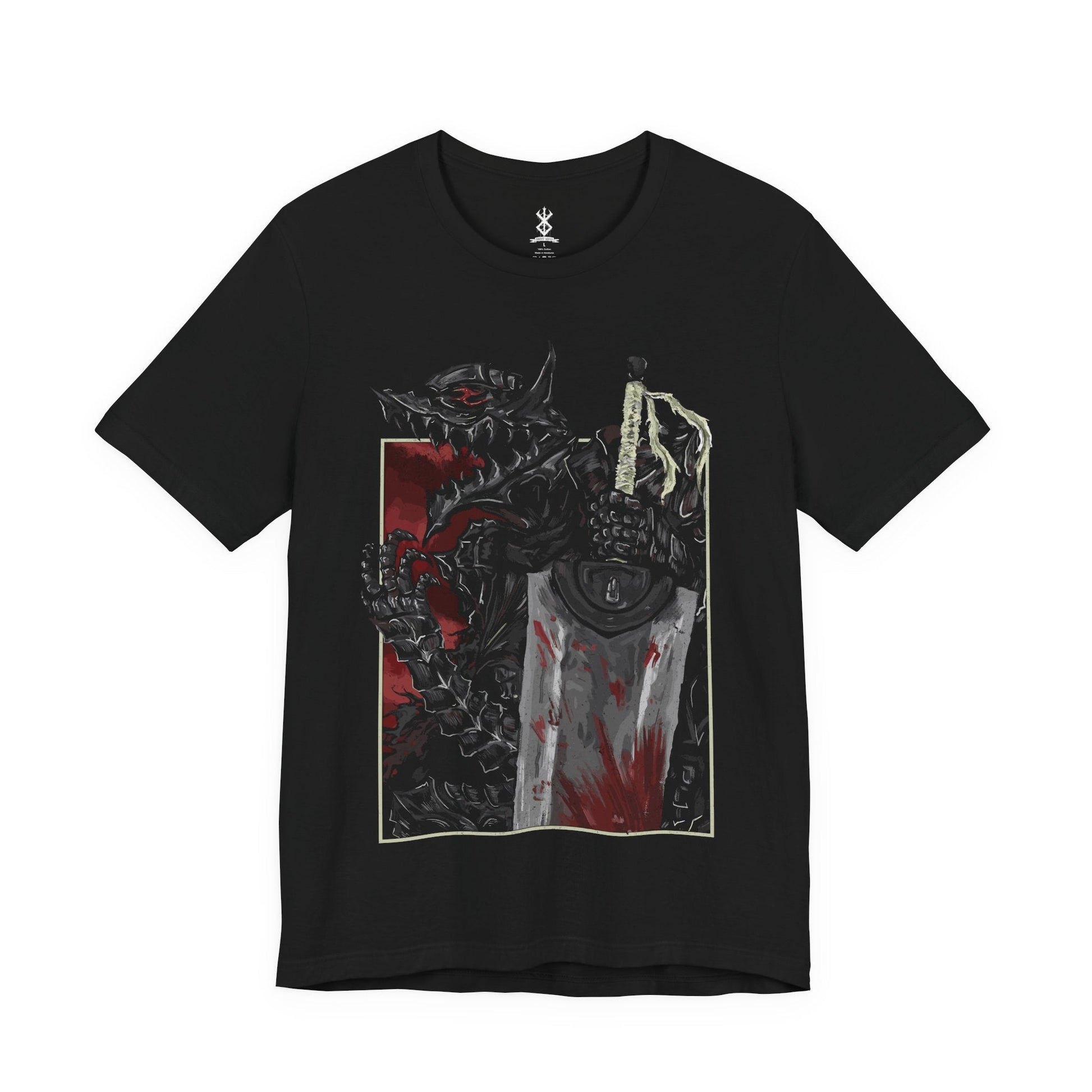 Image 4 of a T-shirt featuring Guts and the Beast of Darkness from Berserk, the haunting manifestation of his inner rage and despair. This shadowy, wolf-like entity lurks within the Berserker Armor, whispering to Guts in moments of bloodlust and pain. With glowing red eyes and savage fangs, the Beast represents the fine line Guts walks between humanity and monster, making this design a chilling tribute to his psychological torment.