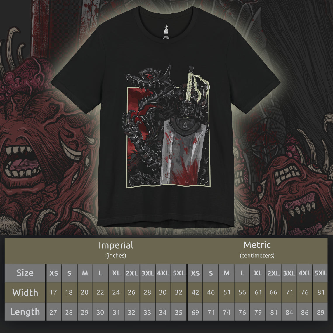 Size chart of a T-shirt featuring Guts and the Beast of Darkness from Berserk, the haunting manifestation of his inner rage and despair. This shadowy, wolf-like entity lurks within the Berserker Armor, whispering to Guts in moments of bloodlust and pain. With glowing red eyes and savage fangs, the Beast represents the fine line Guts walks between humanity and monster, making this design a chilling tribute to his psychological torment.