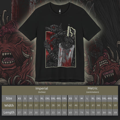 Size chart of a T-shirt featuring Guts and the Beast of Darkness from Berserk, the haunting manifestation of his inner rage and despair. This shadowy, wolf-like entity lurks within the Berserker Armor, whispering to Guts in moments of bloodlust and pain. With glowing red eyes and savage fangs, the Beast represents the fine line Guts walks between humanity and monster, making this design a chilling tribute to his psychological torment.