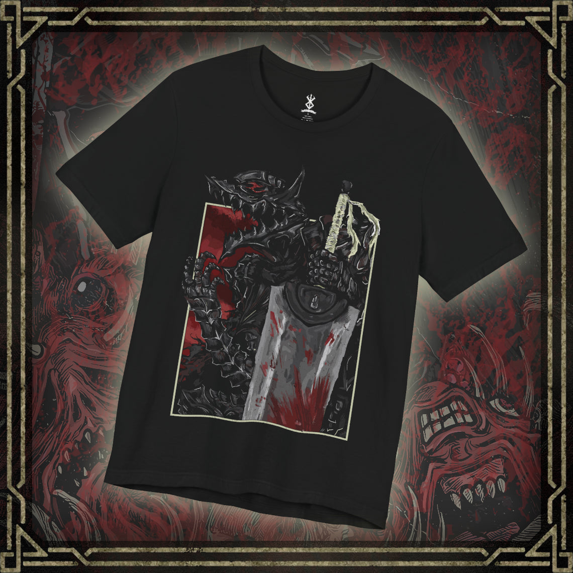 Thumbnail of a T-shirt featuring Guts and the Beast of Darkness from Berserk, the haunting manifestation of his inner rage and despair. This shadowy, wolf-like entity lurks within the Berserker Armor, whispering to Guts in moments of bloodlust and pain. With glowing red eyes and savage fangs, the Beast represents the fine line Guts walks between humanity and monster, making this design a chilling tribute to his psychological torment.
