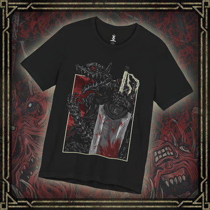 Thumbnail of a T-shirt featuring Guts and the Beast of Darkness from Berserk, the haunting manifestation of his inner rage and despair. This shadowy, wolf-like entity lurks within the Berserker Armor, whispering to Guts in moments of bloodlust and pain. With glowing red eyes and savage fangs, the Beast represents the fine line Guts walks between humanity and monster, making this design a chilling tribute to his psychological torment.