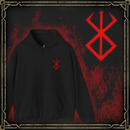 Thumbnail of a Embroidered hooded sweatshirt featuring the Brand of Sacrifice from Berserk, the ominous mark etched into those offered to the God Hand. Carved by dark rituals, the brand bleeds in the presence of apostles, binding the wearer to a fate of endless torment. This design captures its raw, haunting aesthetic—symbolizing pain, survival, and the curse of Guts and Casca.
