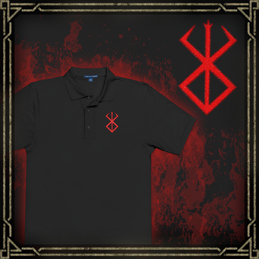 Thumbnail of a Embroidered T-shirt showcasing the Brand of Sacrifice, a blood-soaked sigil from Berserk representing a pact with darkness. Branded individuals are doomed to be hunted by demonic forces, serving as offerings in the Eclipse. This artwork presents the brand’s jagged, cursed lines—an iconic emblem of suffering, vengeance, and defiance in a world consumed by evil.