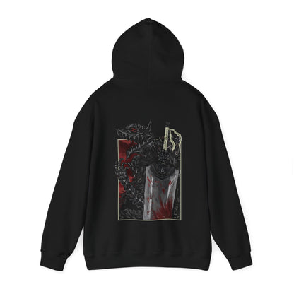 Image number 4 of a Hooded Sweatshirt featuring Guts in his Berserker Armor from Berserk, captured in a grim, frenzied design, showcasing his fierce expression and dark armor, perfect for fans of the intense, relentless spirit of the Black Swordsman.