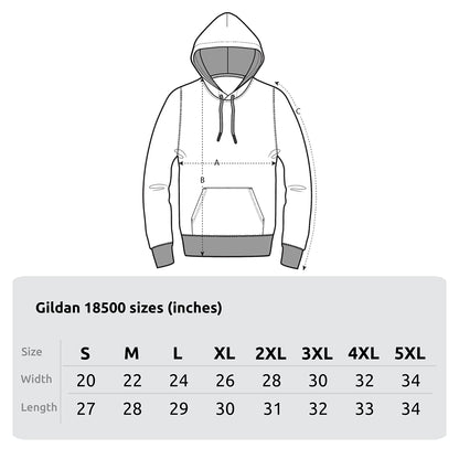 Size chart of a Hooded Sweatshirt featuring Guts in his Berserker Armor from Berserk, captured in a grim, frenzied design, showcasing his fierce expression and dark armor, perfect for fans of the intense, relentless spirit of the Black Swordsman.