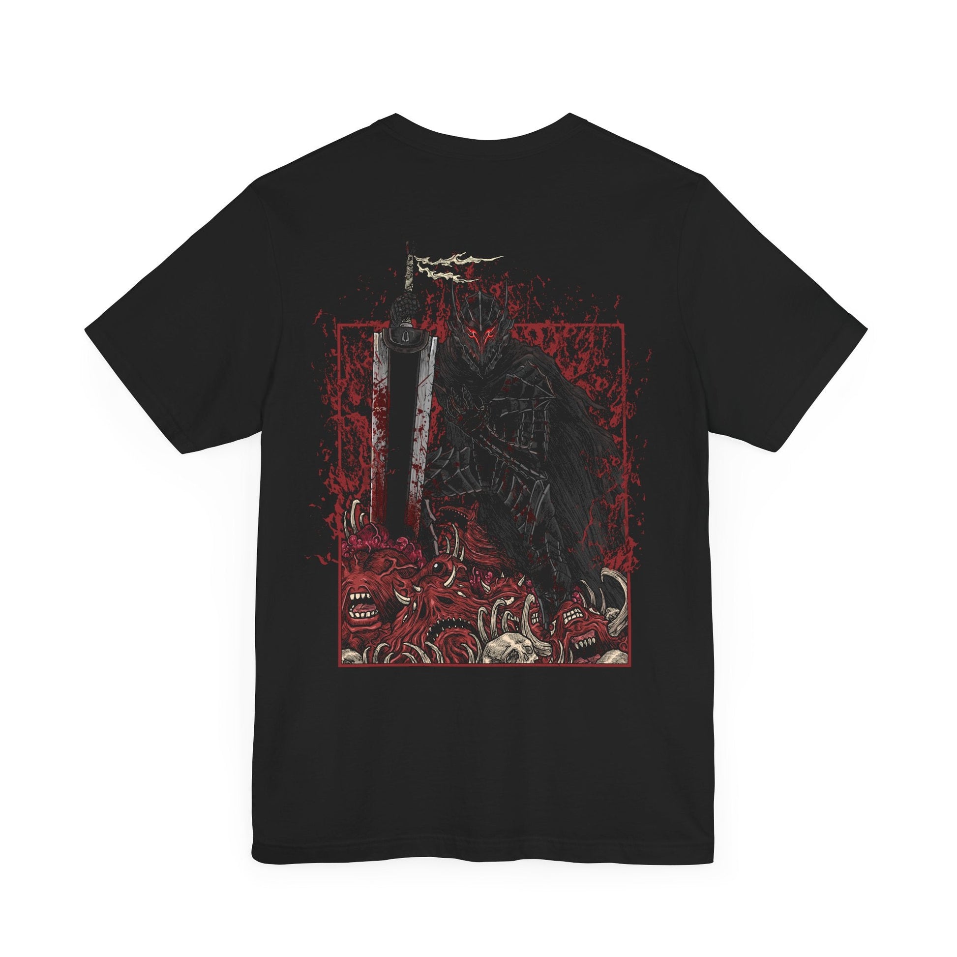 Image 4 of a T-shirt featuring Guts in his Berserker Armor from Berserk, the cursed suit that grants him monstrous strength at the cost of his sanity. With glowing red eyes and jagged black plating, Guts becomes a relentless force of vengeance. This design captures the brutal elegance of the armor and the haunting power that consumes its wearer.