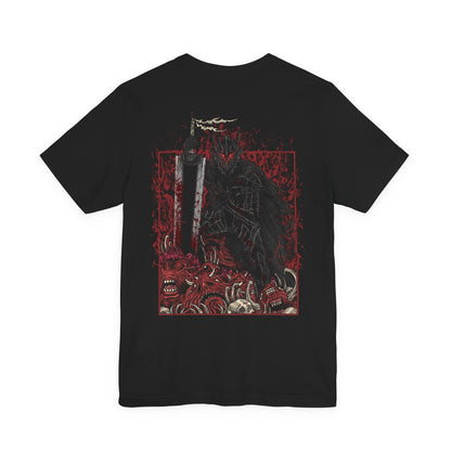 Image 5 of a T-shirt featuring Guts in his Berserker Armor from Berserk, the cursed suit that grants him monstrous strength at the cost of his sanity. With glowing red eyes and jagged black plating, Guts becomes a relentless force of vengeance. This design captures the brutal elegance of the armor and the haunting power that consumes its wearer.
