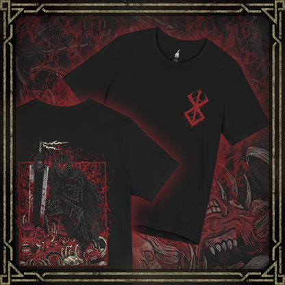 Thumbnail of a T-shirt featuring Guts in his Berserker Armor from Berserk, the cursed suit that grants him monstrous strength at the cost of his sanity. With glowing red eyes and jagged black plating, Guts becomes a relentless force of vengeance. This design captures the brutal elegance of the armor and the haunting power that consumes its wearer.