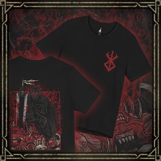 Thumbnail of a T-shirt featuring Guts in his Berserker Armor from Berserk, the cursed suit that grants him monstrous strength at the cost of his sanity. With glowing red eyes and jagged black plating, Guts becomes a relentless force of vengeance. This design captures the brutal elegance of the armor and the haunting power that consumes its wearer.