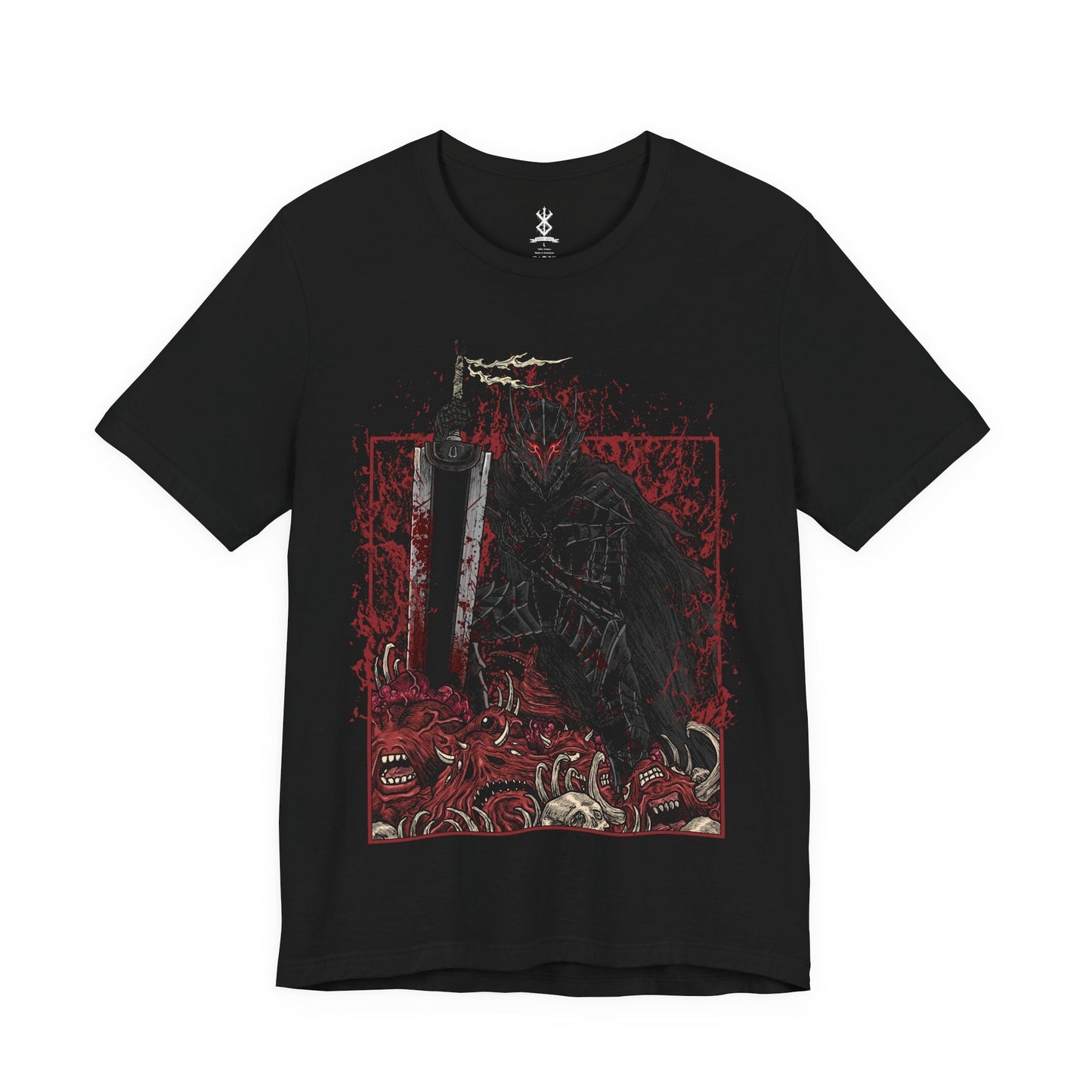 Image 4 of a T-shirt featuring Guts in the Cursed Berserker Armor from Berserk, the Black Swordsman consumed by rage and sorrow. This bloodstained, wolf-shaped armor grants Guts inhuman strength while numbing pain, slowly tearing away at his body and mind. With glowing red eyes and towering presence, this design captures the raw brutality and tragic sacrifice that define Guts’ journey through a world ruled by darkness.