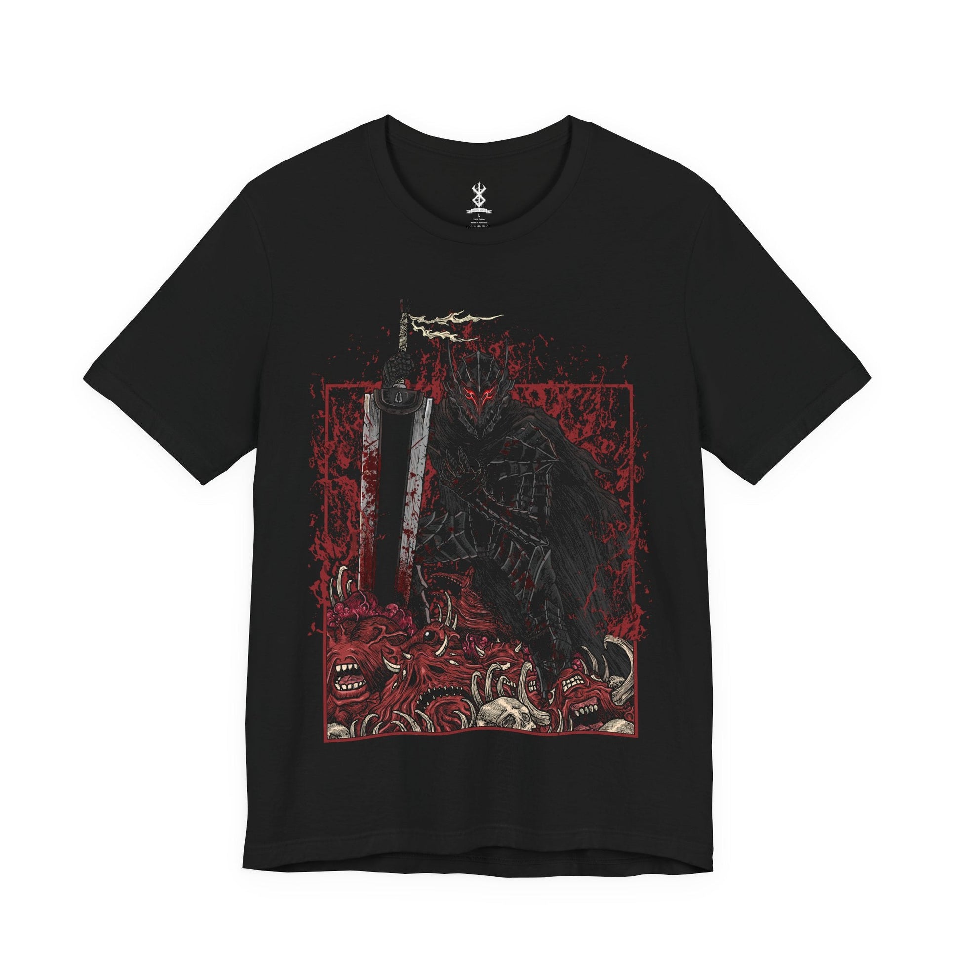 Image 4 of a T-shirt featuring Guts in the Cursed Berserker Armor from Berserk, the Black Swordsman consumed by rage and sorrow. This bloodstained, wolf-shaped armor grants Guts inhuman strength while numbing pain, slowly tearing away at his body and mind. With glowing red eyes and towering presence, this design captures the raw brutality and tragic sacrifice that define Guts’ journey through a world ruled by darkness.