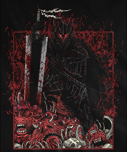 Design used for a T-shirt featuring Guts from Berserk in his iconic Berserker Armor, showcasing his grim, battle-worn appearance and unrelenting determination, perfect for fans of the Black Swordsman’s dark and intense journey.