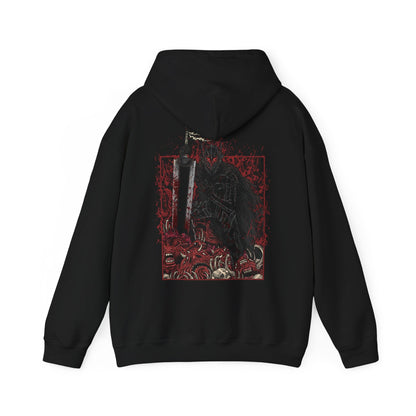 Image 5 of a Hooded Sweatshirt showcasing Guts in his Berserker Armor from Berserk, the iconic black armor forged to unleash unstoppable fury. This cursed armor amplifies Guts’ power at the cost of his humanity, transforming him into a feral force of vengeance. Paired with the legendary Dragonslayer sword, the design evokes his relentless battle against apostles and fate itself—perfect for fans of Kentaro Miura’s dark, powerful legacy.