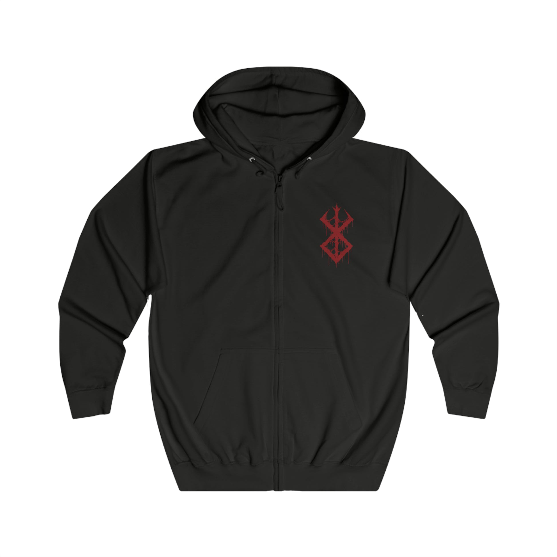 Image 4 of a Zip-up Hooded Sweatshirt featuring Guts in his Berserker Armor from Berserk, showcasing his grim and relentless warrior spirit. Encased in the cursed armor that pushes him beyond human limits, Guts takes on a monstrous form, with glowing eyes and a jagged, wolf-like helm. Driven by rage and an unyielding will to survive, he battles against fate itself, no matter the cost to his body and soul. This design captures the dark, brutal essence of Berserk.