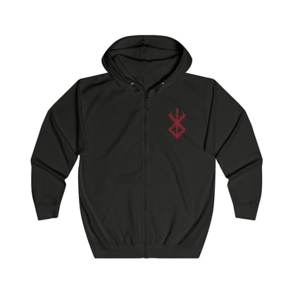 Image 4 of a Zip-up Hooded Sweatshirt featuring Guts in his Berserker Armor from Berserk, showcasing his grim and relentless warrior spirit. Encased in the cursed armor that pushes him beyond human limits, Guts takes on a monstrous form, with glowing eyes and a jagged, wolf-like helm. Driven by rage and an unyielding will to survive, he battles against fate itself, no matter the cost to his body and soul. This design captures the dark, brutal essence of Berserk.