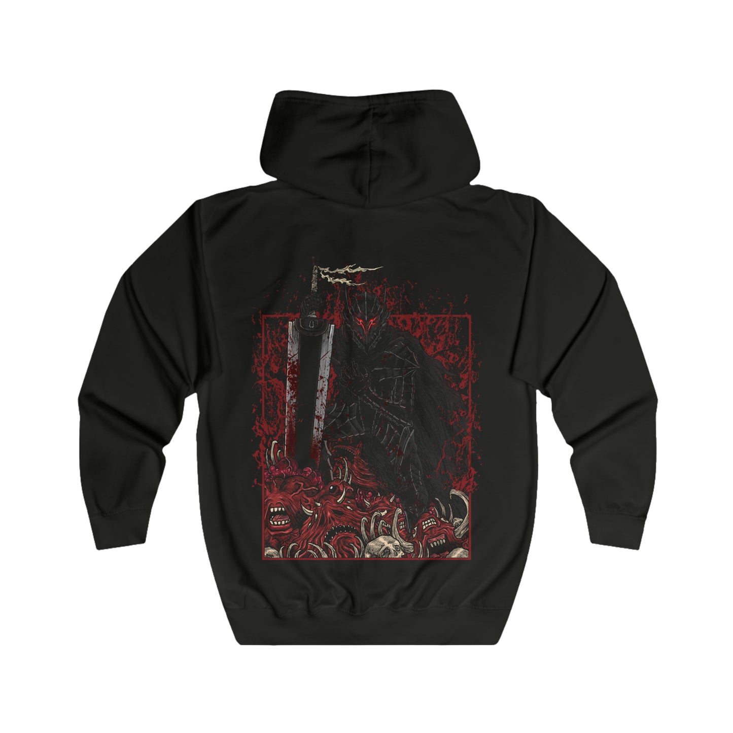 Folded Zip-up Hooded Sweatshirt featuring Guts in his Berserker Armor from Berserk, showcasing his grim and relentless warrior spirit. Encased in the cursed armor that pushes him beyond human limits, Guts takes on a monstrous form, with glowing eyes and a jagged, wolf-like helm. Driven by rage and an unyielding will to survive, he battles against fate itself, no matter the cost to his body and soul. This design captures the dark, brutal essence of Berserk.