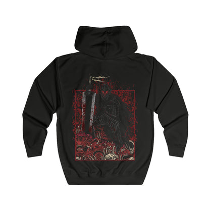 Folded Zip-up Hooded Sweatshirt featuring Guts in his Berserker Armor from Berserk, showcasing his grim and relentless warrior spirit. Encased in the cursed armor that pushes him beyond human limits, Guts takes on a monstrous form, with glowing eyes and a jagged, wolf-like helm. Driven by rage and an unyielding will to survive, he battles against fate itself, no matter the cost to his body and soul. This design captures the dark, brutal essence of Berserk.