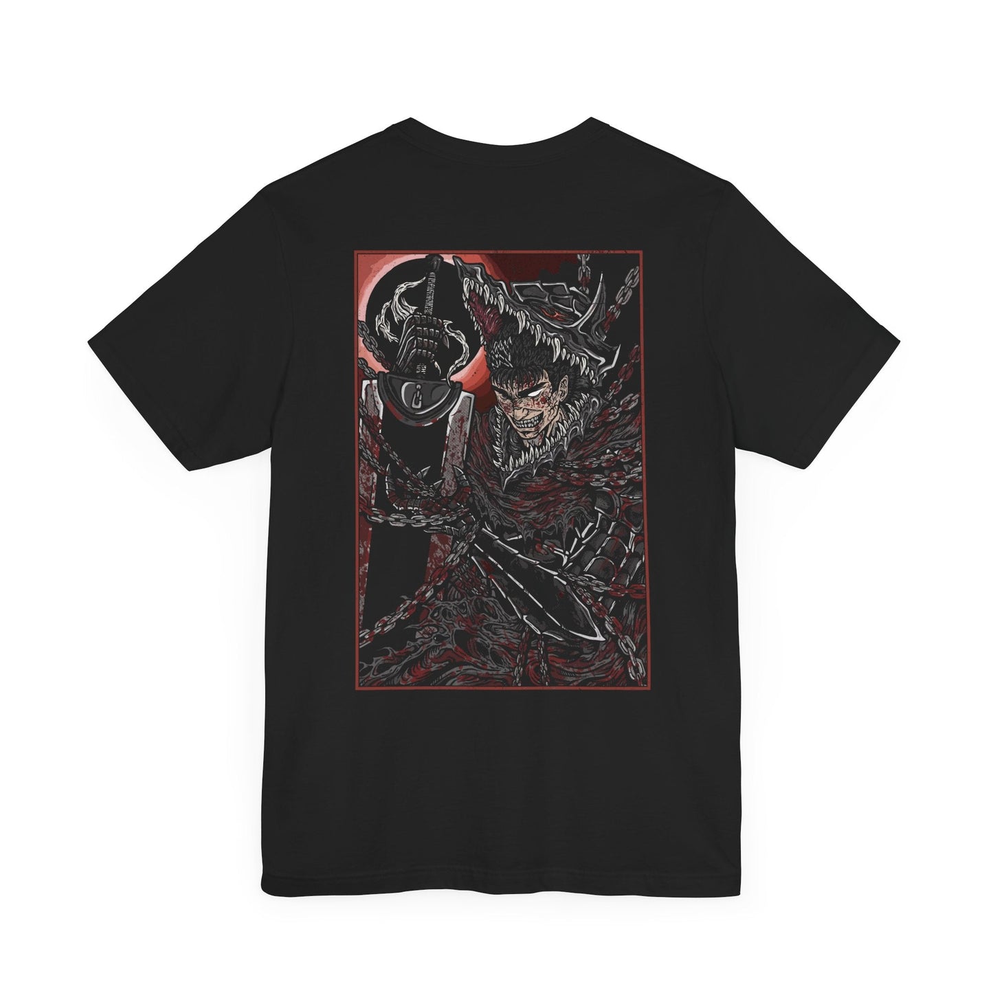 Image 4 of a T-shirt featuring Guts in a moment of pure rage from Berserk, wielding the massive Dragonslayer with brutal force. His expression twisted in fury and pain, Guts becomes a force of nature, driven by vengeance against the God Hand. This design captures the raw emotion and explosive power that define his blood-soaked journey through darkness.