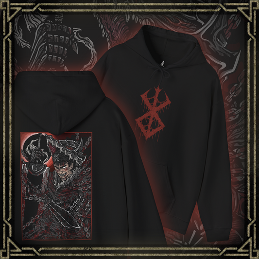 Thumbnail of a Hooded Sweatshirt featuring Guts from Berserk in a state of rage, wearing his iconic Berserker Armor, captured in a grim and intense design, perfect for fans who admire the raw power and fury of the Black Swordsman.