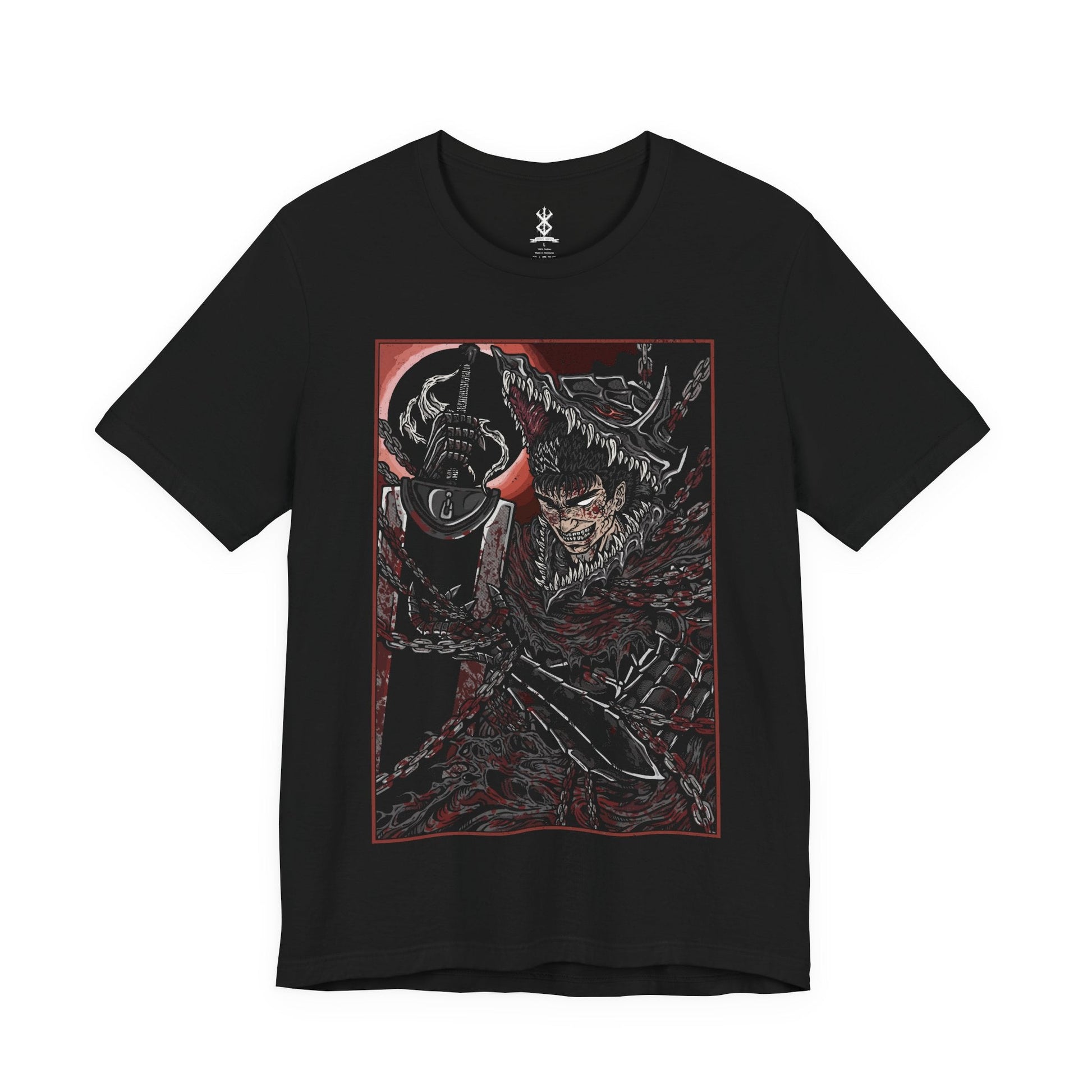 Image 4 of a T-shirt featuring Guts in a moment of pure, unrelenting rage from Berserk, the Black Swordsman consumed by vengeance and sorrow. With his iconic Dragonslayer sword in hand and his face twisted in fury, Guts channels the unyielding pain of his past battles. This design captures the raw, primal intensity of his journey, making it a must-have for fans of Berserk‘s dark, emotional storytelling and Guts’ struggle against insurmountable odds.