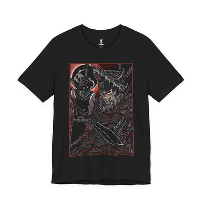 Image 4 of a T-shirt featuring Guts in a moment of pure, unrelenting rage from Berserk, the Black Swordsman consumed by vengeance and sorrow. With his iconic Dragonslayer sword in hand and his face twisted in fury, Guts channels the unyielding pain of his past battles. This design captures the raw, primal intensity of his journey, making it a must-have for fans of Berserk‘s dark, emotional storytelling and Guts’ struggle against insurmountable odds.