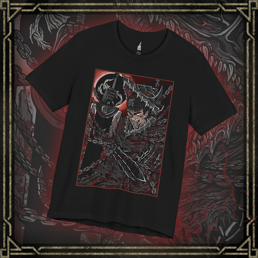 Thumbnail of a T-shirt featuring Guts from Berserk in a state of rage, wearing his iconic Berserker Armor, captured in a grim and intense design, perfect for fans who admire the raw power and fury of the Black Swordsman.