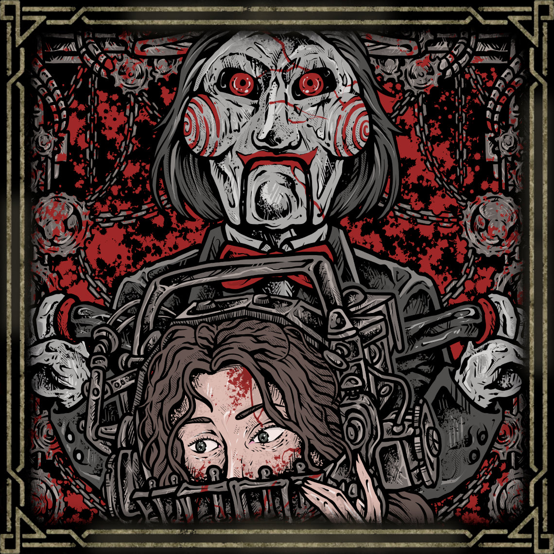 Concept Art of Billy the Puppet. Few horror icons are as instantly recognizable as Billy the Puppet from Saw. His haunting laugh, black suit, and red spiral cheeks symbolize the brutal games created by Jigsaw. Over time, Billy has become the visual embodiment of Saw’s themes of punishment, morality, and fear.