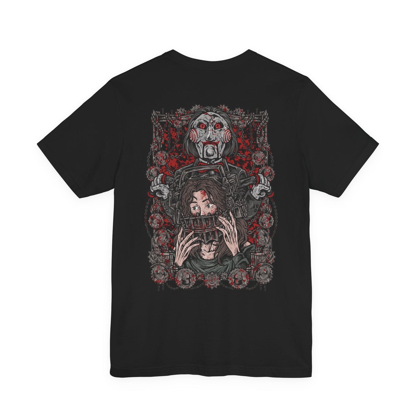 Image 5 of a T-Shirt artwork depicting Billy the Puppet emerging from darkness with his tricycle positioned beneath a harsh spotlight. Shadows stretch across the floor while old television screens and mechanical traps fill the background. This design reflects the disturbing symbolism of Jigsaw’s messenger, embodying dread, manipulation, and the cruel tests that define the Saw franchise.
