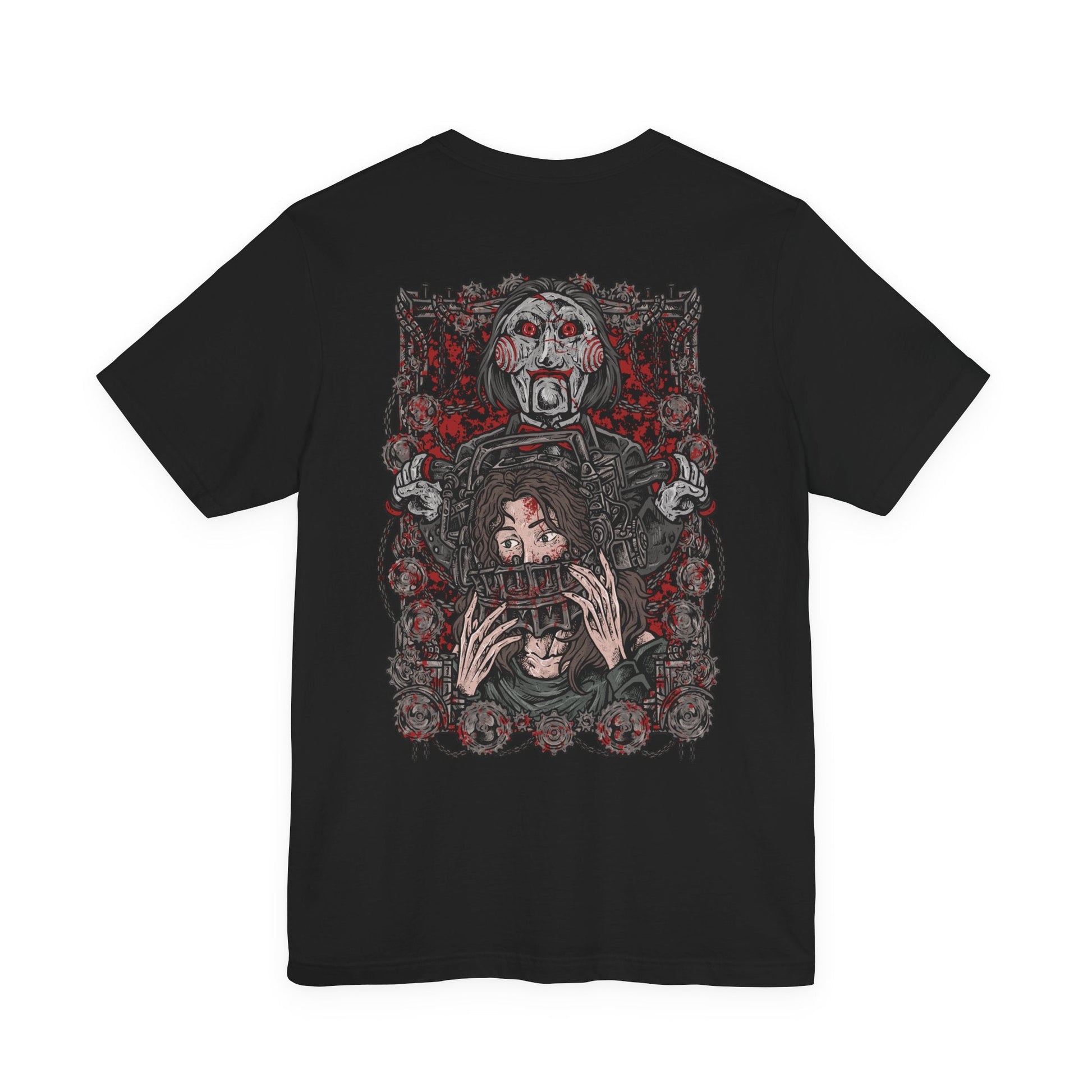Image 5 of a T-Shirt artwork depicting Billy the Puppet emerging from darkness with his tricycle positioned beneath a harsh spotlight. Shadows stretch across the floor while old television screens and mechanical traps fill the background. This design reflects the disturbing symbolism of Jigsaw’s messenger, embodying dread, manipulation, and the cruel tests that define the Saw franchise.