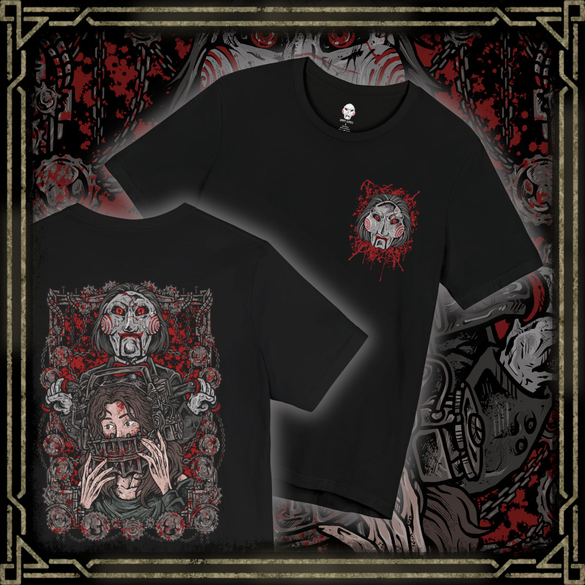 Thumbnail of a T-Shirt artwork depicting Billy the Puppet emerging from darkness with his tricycle positioned beneath a harsh spotlight. Shadows stretch across the floor while old television screens and mechanical traps fill the background. This design reflects the disturbing symbolism of Jigsaw’s messenger, embodying dread, manipulation, and the cruel tests that define the Saw franchise.
