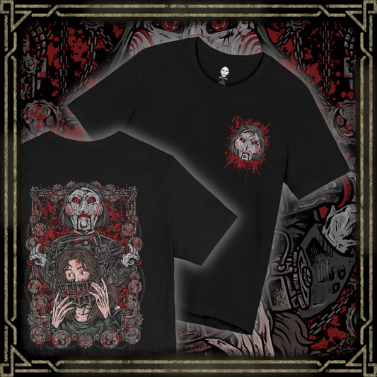 Thumbnail of a T-Shirt artwork depicting Billy the Puppet emerging from darkness with his tricycle positioned beneath a harsh spotlight. Shadows stretch across the floor while old television screens and mechanical traps fill the background. This design reflects the disturbing symbolism of Jigsaw’s messenger, embodying dread, manipulation, and the cruel tests that define the Saw franchise.