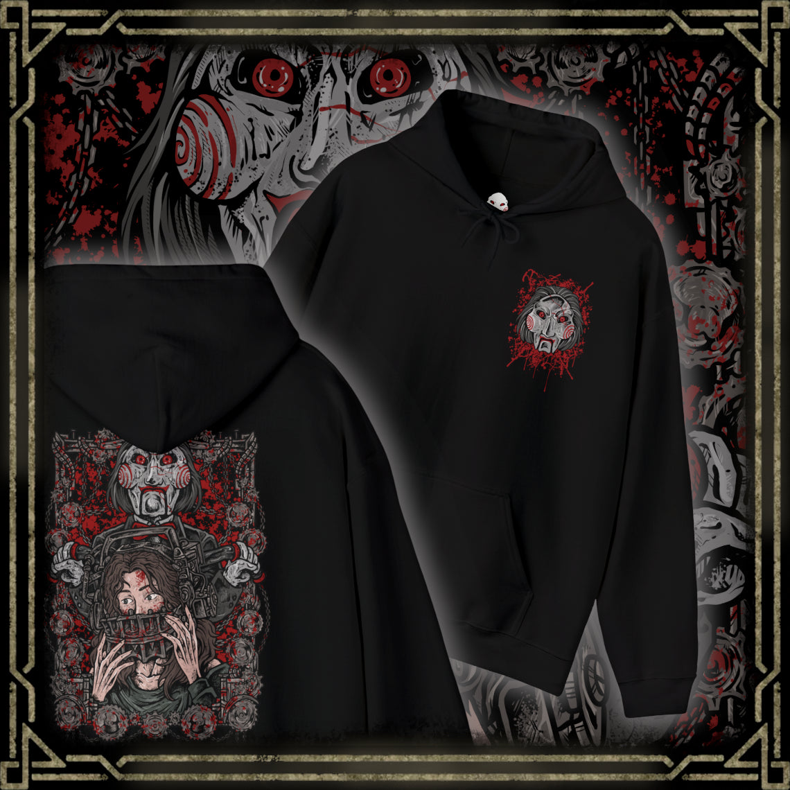 Thumbnail of a Hooded Sweatshirt of Billy the Puppet staring forward with a sinister grin, his black suit and red bow tie framed by chains, gears, and rusted metal. A dim industrial setting fades behind him as ominous red light highlights his face. The composition emphasizes psychological tension, horror, and the iconic image of the puppet who announces Jigsaw’s deadly games.