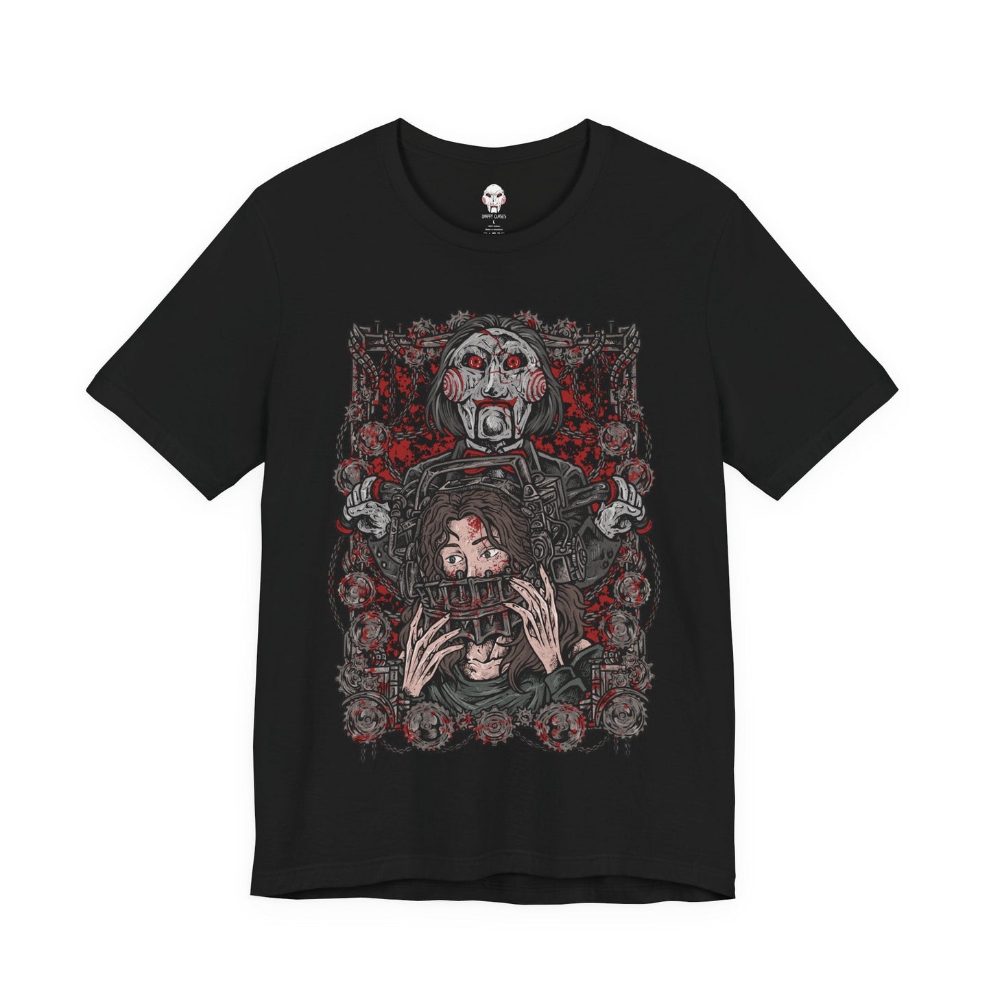Image 4 of a T-Shirt design of Billy the Puppet from Saw, seated on his tricycle in a dimly lit room surrounded by rusted chains, flickering lights, and blood-stained walls. His pale face, spiraled red cheeks, and unblinking eyes create an unsettling presence. The design captures the psychological horror of Jigsaw’s games and the fear of being forced to choose between survival and sacrifice.
