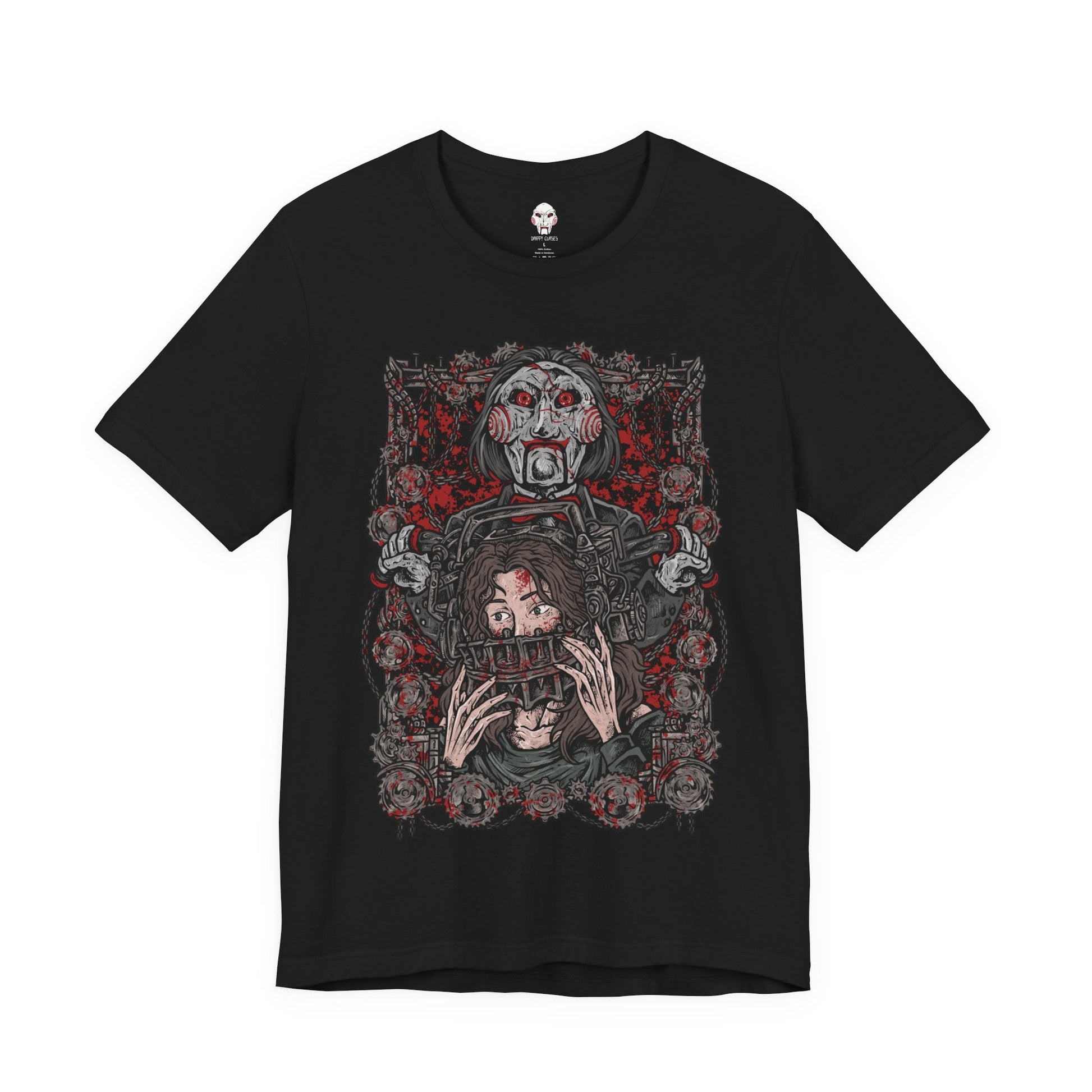 Image 4 of a T-Shirt design of Billy the Puppet from Saw, seated on his tricycle in a dimly lit room surrounded by rusted chains, flickering lights, and blood-stained walls. His pale face, spiraled red cheeks, and unblinking eyes create an unsettling presence. The design captures the psychological horror of Jigsaw’s games and the fear of being forced to choose between survival and sacrifice.