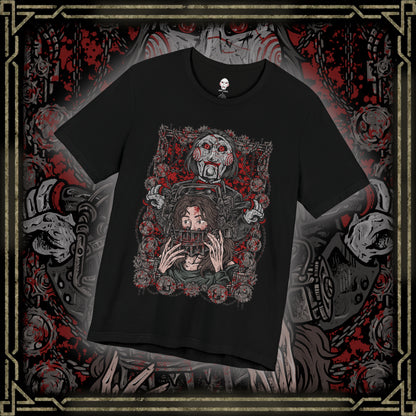 Thumbnail of a T-Shirt design of Billy the Puppet from Saw, seated on his tricycle in a dimly lit room surrounded by rusted chains, flickering lights, and blood-stained walls. His pale face, spiraled red cheeks, and unblinking eyes create an unsettling presence. The design captures the psychological horror of Jigsaw’s games and the fear of being forced to choose between survival and sacrifice.