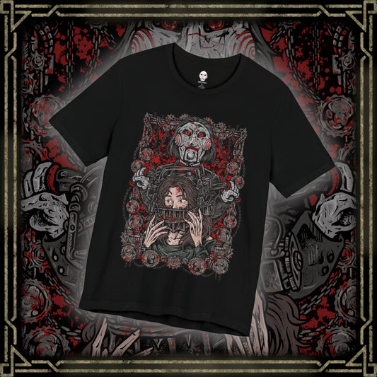Thumbnail of a T-Shirt design of Billy the Puppet from Saw, seated on his tricycle in a dimly lit room surrounded by rusted chains, flickering lights, and blood-stained walls. His pale face, spiraled red cheeks, and unblinking eyes create an unsettling presence. The design captures the psychological horror of Jigsaw’s games and the fear of being forced to choose between survival and sacrifice.