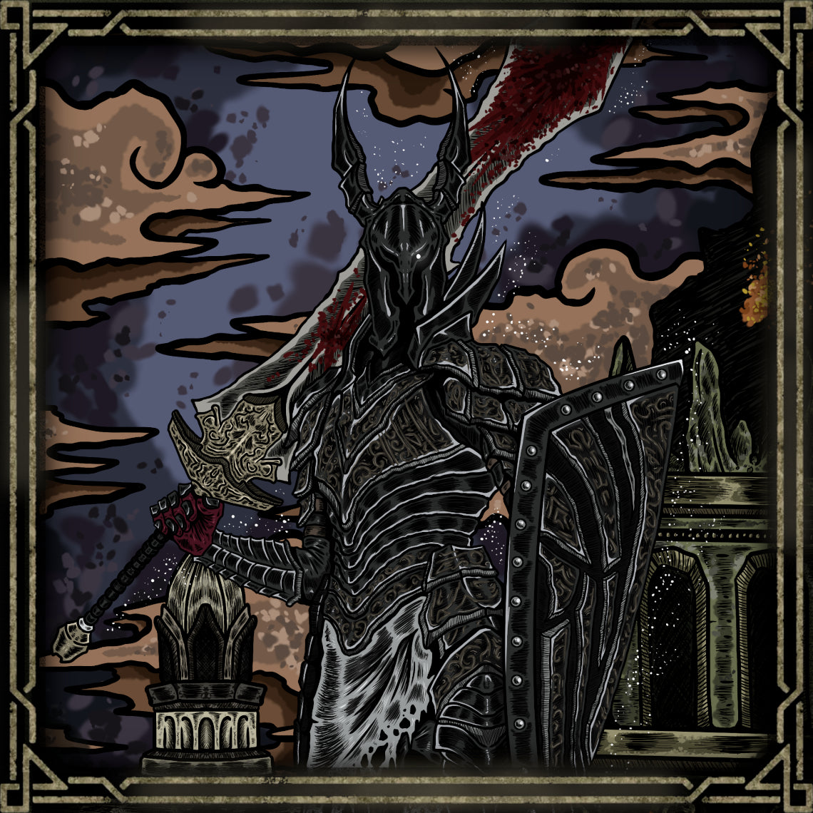 Concept Art of Black Knight. The Black Knights stand as tragic relics of the Age of Fire. Burned by the flames they once served, they became restless spirits wandering the world in search of purpose. Each encounter with them is a battle against history itself — remnants of divine soldiers whose loyalty outlasted life and light alike.