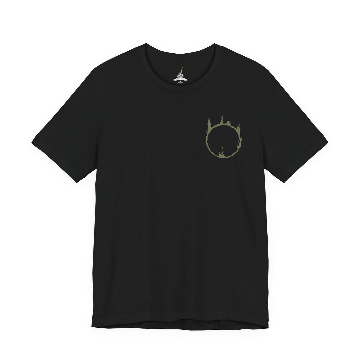 Image 4 of a Dark Souls T-shirt showcasing the Black Knight, a formidable remnant of Gwyn’s Silver Knights scorched in the fires of the First Flame. Their armor bears the mark of ash and regret, and their greatswords echo with the weight of countless fallen foes. This artwork embodies their tragic legacy and relentless vigilance in a dying world.