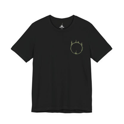 Image 4 of a Dark Souls T-shirt showcasing the Black Knight, a formidable remnant of Gwyn’s Silver Knights scorched in the fires of the First Flame. Their armor bears the mark of ash and regret, and their greatswords echo with the weight of countless fallen foes. This artwork embodies their tragic legacy and relentless vigilance in a dying world.