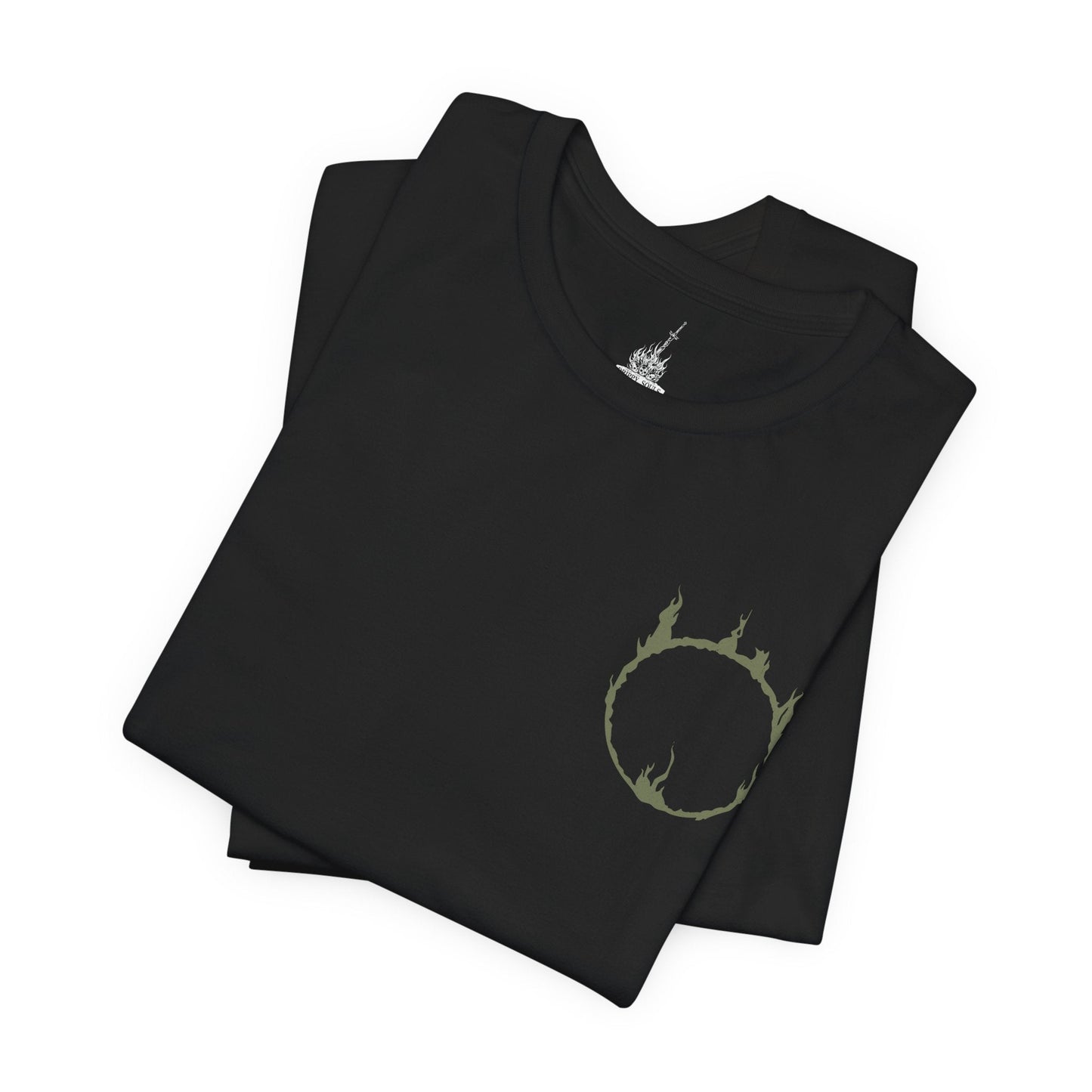 Image 6 of a Dark Souls T-shirt showcasing the Black Knight, a formidable remnant of Gwyn’s Silver Knights scorched in the fires of the First Flame. Their armor bears the mark of ash and regret, and their greatswords echo with the weight of countless fallen foes. This artwork embodies their tragic legacy and relentless vigilance in a dying world.
