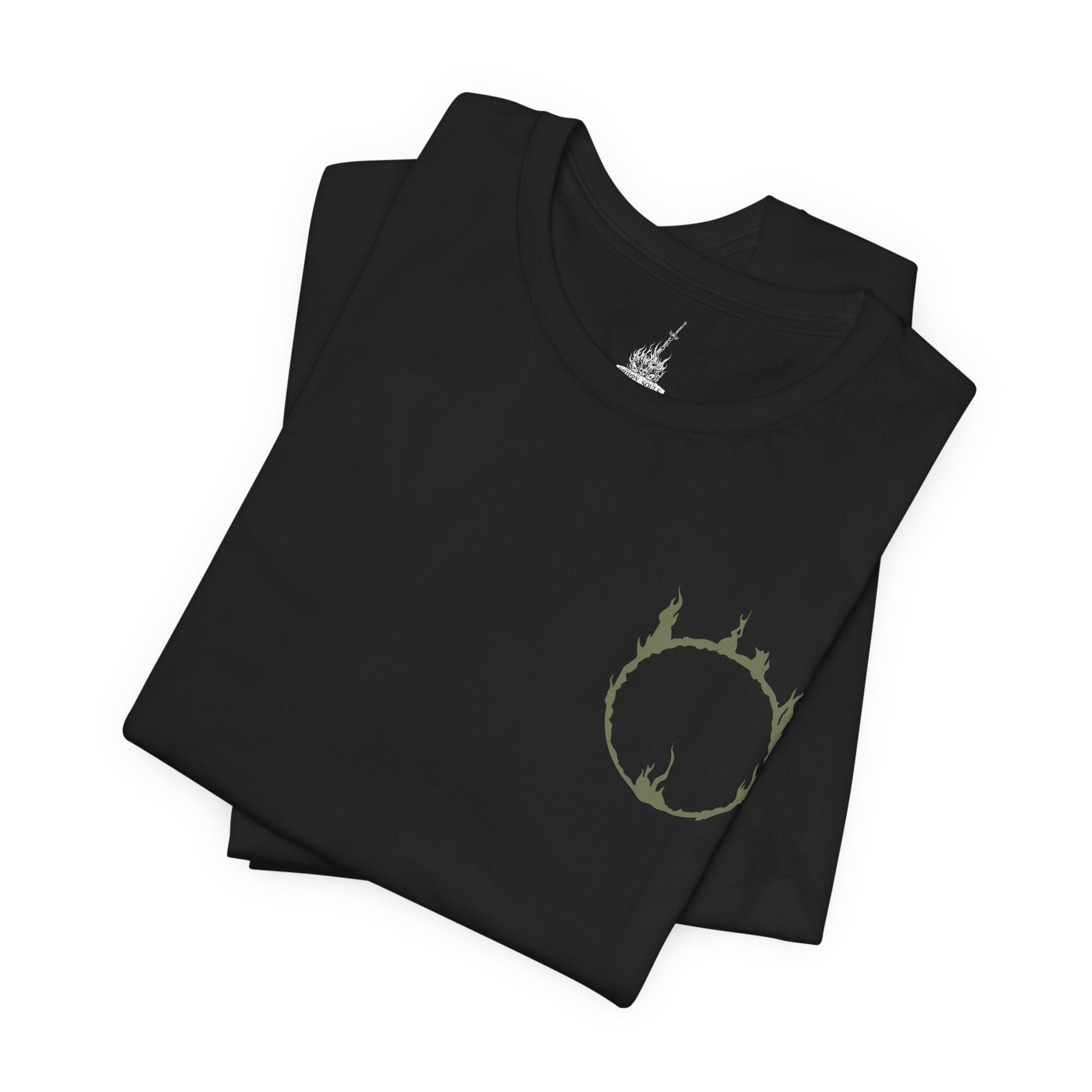 Image 6 of a Dark Souls T-shirt showcasing the Black Knight, a formidable remnant of Gwyn’s Silver Knights scorched in the fires of the First Flame. Their armor bears the mark of ash and regret, and their greatswords echo with the weight of countless fallen foes. This artwork embodies their tragic legacy and relentless vigilance in a dying world.