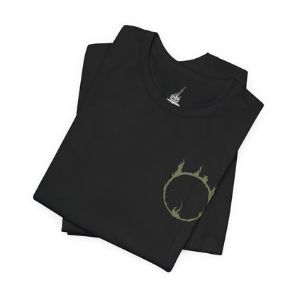 Image 6 of a Dark Souls T-shirt showcasing the Black Knight, a formidable remnant of Gwyn’s Silver Knights scorched in the fires of the First Flame. Their armor bears the mark of ash and regret, and their greatswords echo with the weight of countless fallen foes. This artwork embodies their tragic legacy and relentless vigilance in a dying world.