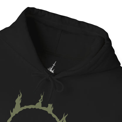 Folded Hooded Sweatshirt featuring the Black Knight from Dark Souls, the silent guardians who stand as relics of an age of fire long past. Their blackened armor and devastating weapons speak of ancient glory consumed by flame. This design honors their unending duty, capturing the melancholy and might of one of the series’ most iconic foes.