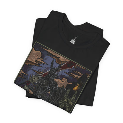 Image 5 of a T-shirt featuring the Black Knight from Dark Souls, the fallen warriors who once served Lord Gwyn in his war against the dragons. Burned and twisted by the First Flame, they now wander Lordran as ash-black sentinels of a bygone age. This design captures their charred armor, glowing eyes, and solemn strength—a haunting reminder of loyalty turned to eternal sorrow.