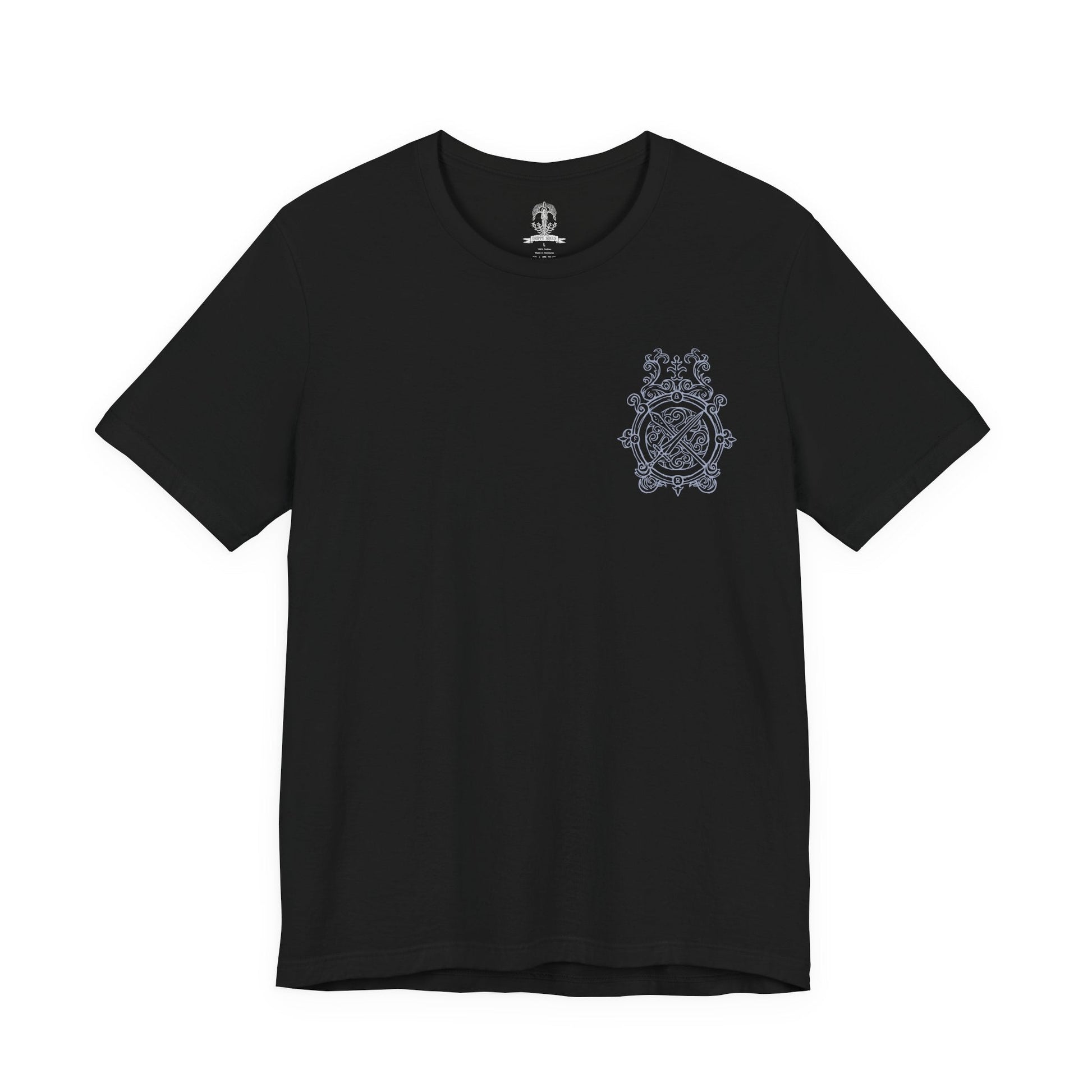Image 4 of a T-shirt artwork of Blaidd the Half-Wolf poised for battle, his lupine helm and glowing eyes reflecting both honor and madness. Sworn as Ranni’s shadow, Blaidd embodies unwavering loyalty even as destiny turns against him. Surrounded by ruins and cold moonlight, the design highlights his role as protector, warrior, and tragic victim of the Golden Order’s design.