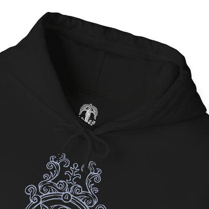 Folded Hooded Sweatshirt featuring Blaidd the Half-Wolf standing alone amid falling snow and crumbling stone, his greatsword resting at his side. His wolf-like form symbolizes strength and devotion, while the tension beneath hints at the curse that binds him to madness. This design reflects the sorrowful fate of a noble warrior torn apart by loyalty, destiny, and loss in the Lands Between.